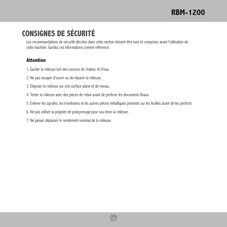 Rbm-1200, Consignes de sécurité | Royal Sovereign RBM-1200 User Manual | Page 27 / 36