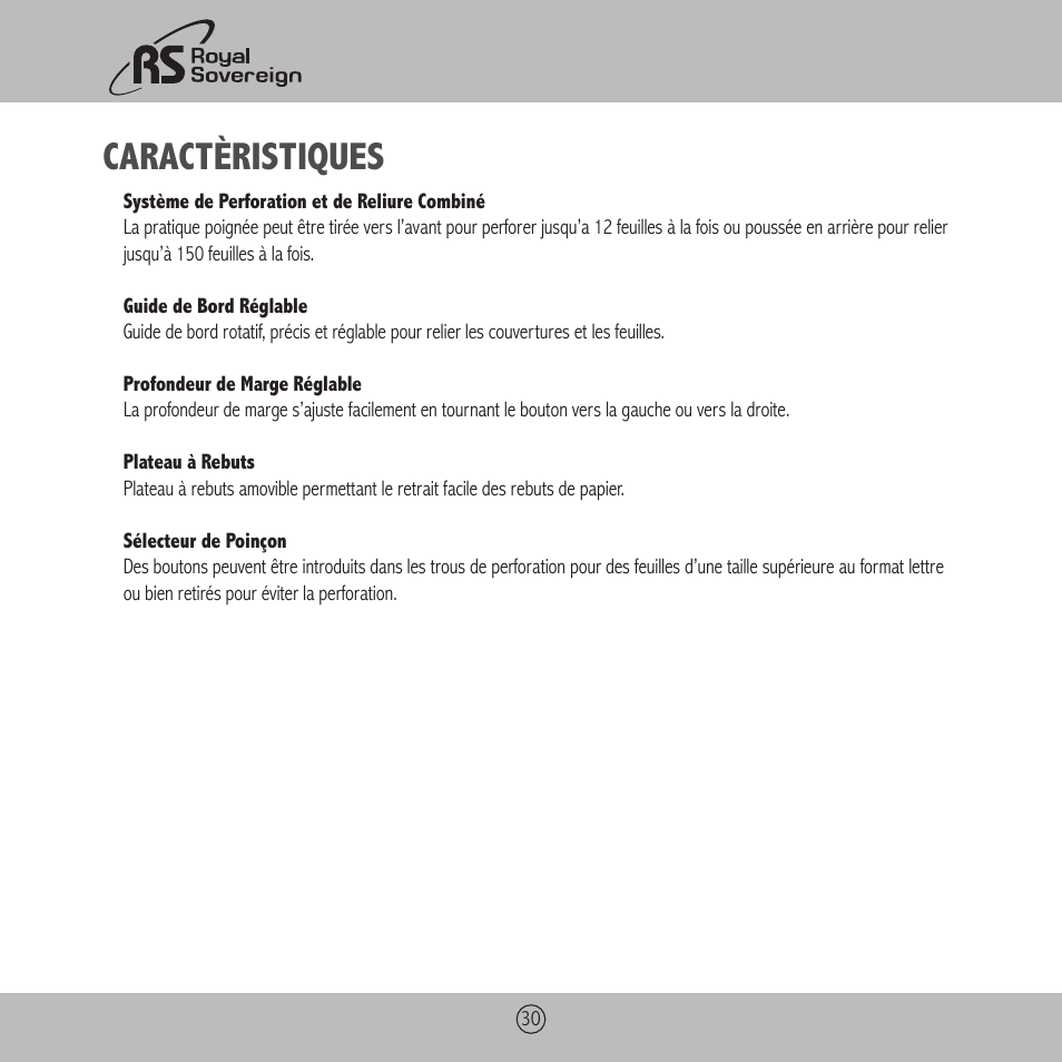 Caractèristiques | Royal Sovereign RBM-1200 User Manual | Page 30 / 36
