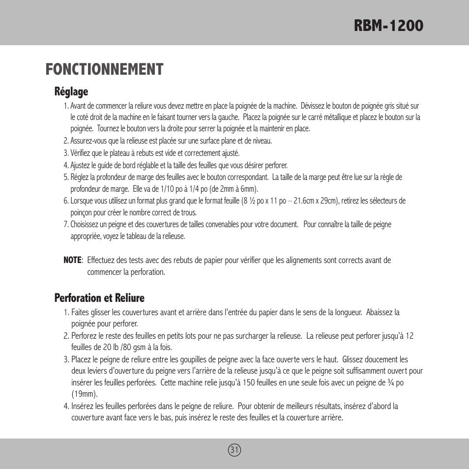 Rbm-1200, Fonctionnement, Réglage | Perforation et reliure | Royal Sovereign RBM-1200 User Manual | Page 31 / 36
