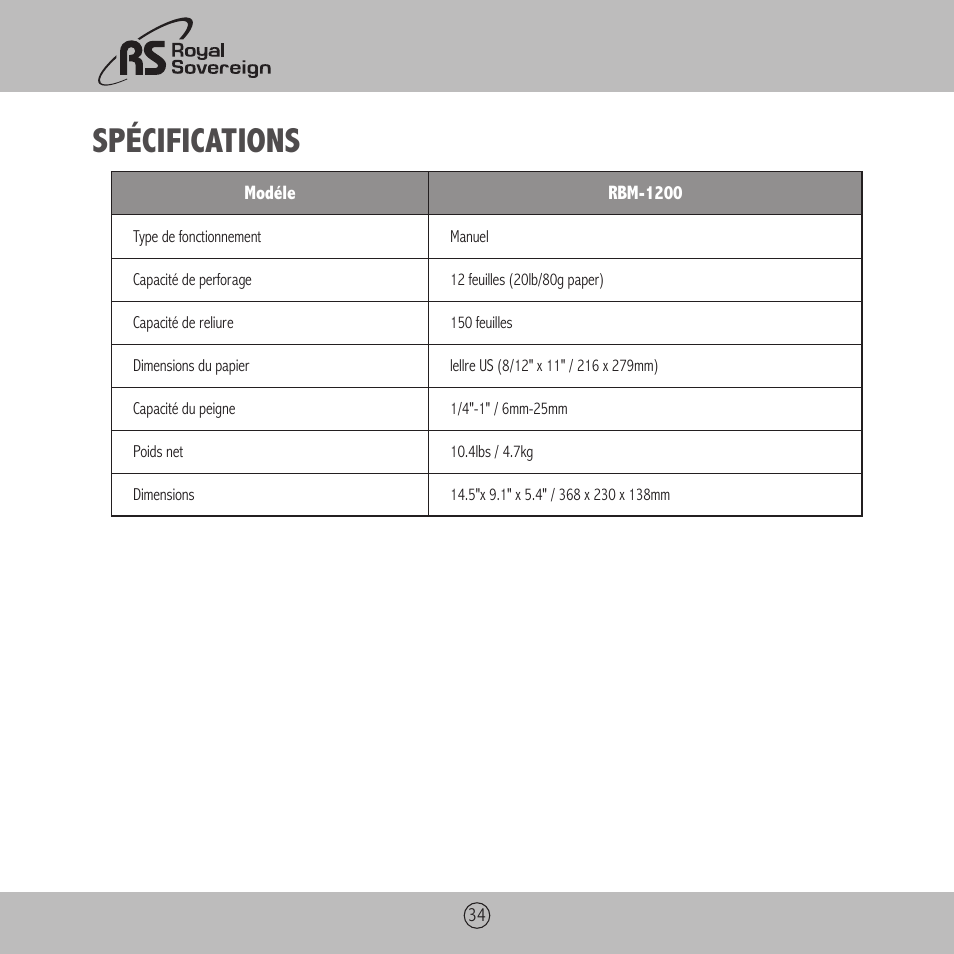 Spécifications | Royal Sovereign RBM-1200 User Manual | Page 34 / 36