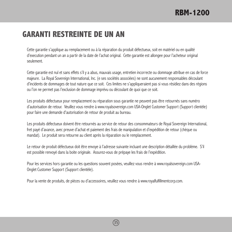 Rbm-1200, Garanti restreinte de un an | Royal Sovereign RBM-1200 User Manual | Page 35 / 36
