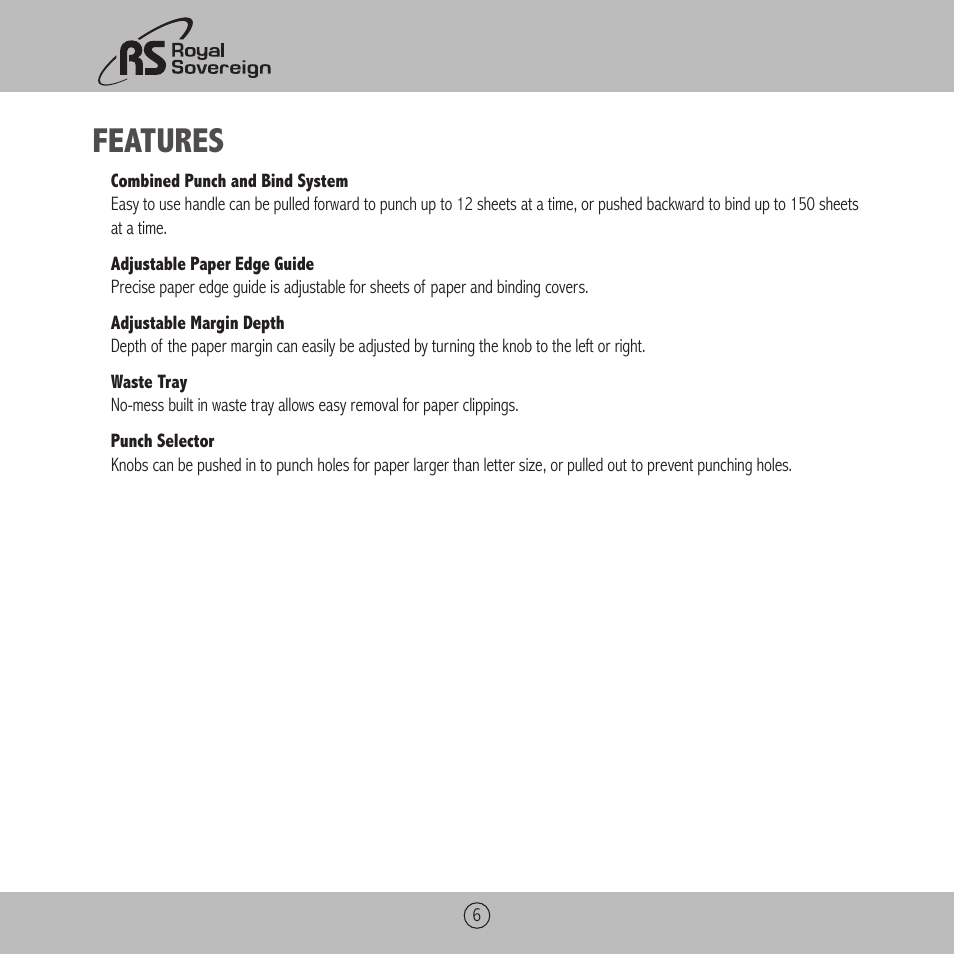 Features | Royal Sovereign RBM-1200 User Manual | Page 6 / 36