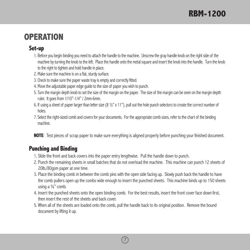 Rbm-1200, Operation, Set-up | Punching and binding | Royal Sovereign RBM-1200 User Manual | Page 7 / 36
