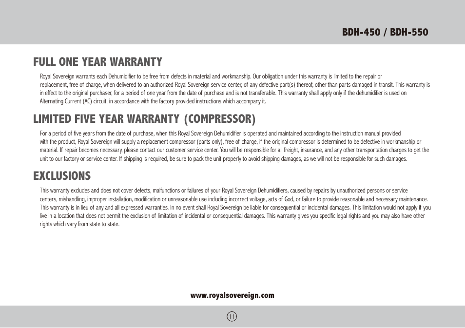 Full one year warranty, Limited five year warranty (compressor), Exclusions | Royal Sovereign BDH-450 User Manual | Page 11 / 24