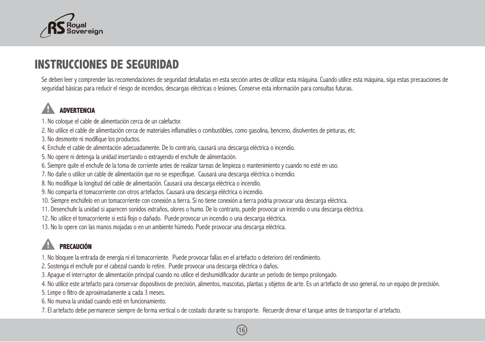 Instrucciones de seguridad | Royal Sovereign BDH-450 User Manual | Page 16 / 24