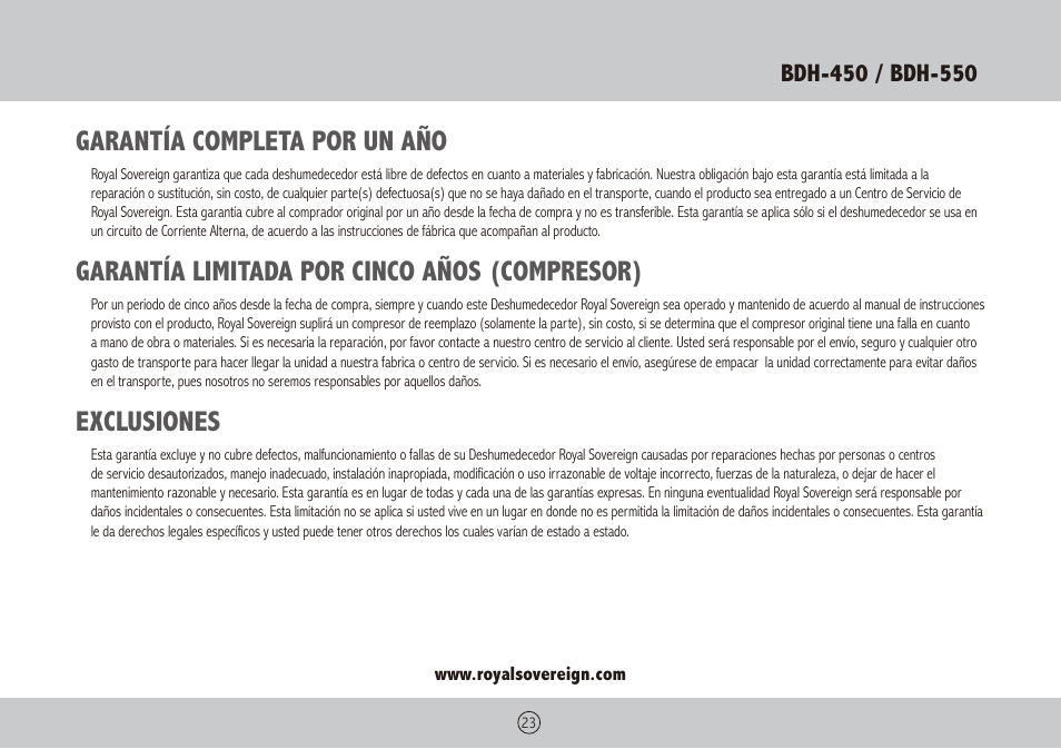 Garantía completa por un año, Garantía limitada por cinco años (compresor), Exclusiones | Royal Sovereign BDH-450 User Manual | Page 23 / 24