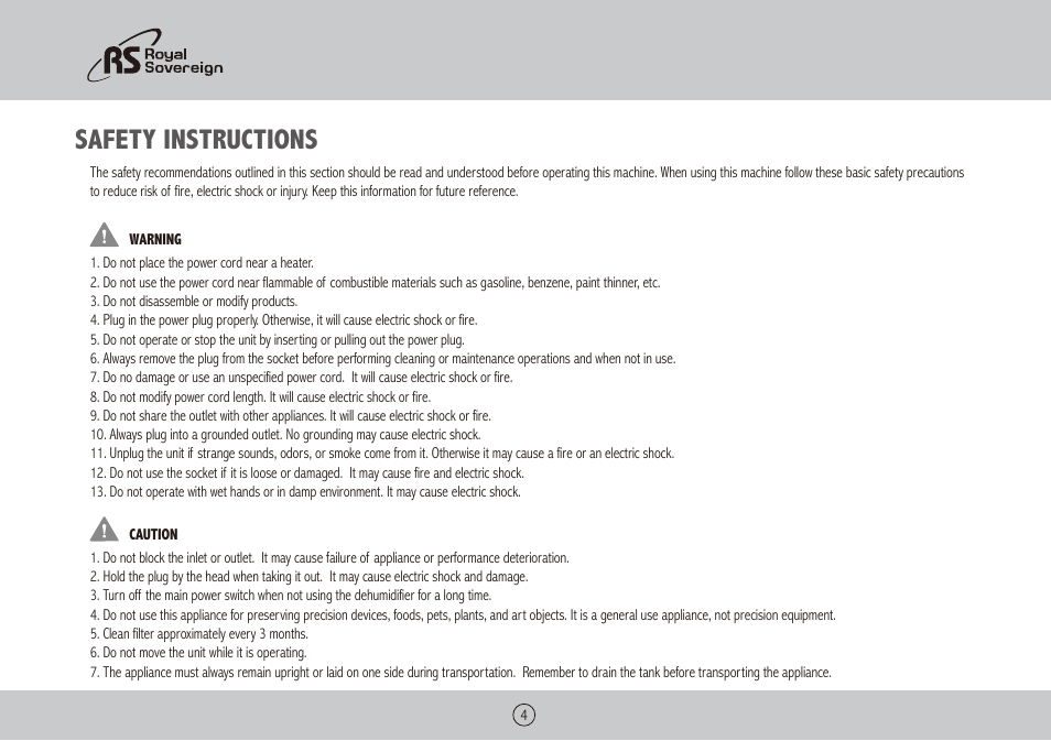 Safety instructions | Royal Sovereign BDH-450 User Manual | Page 4 / 24