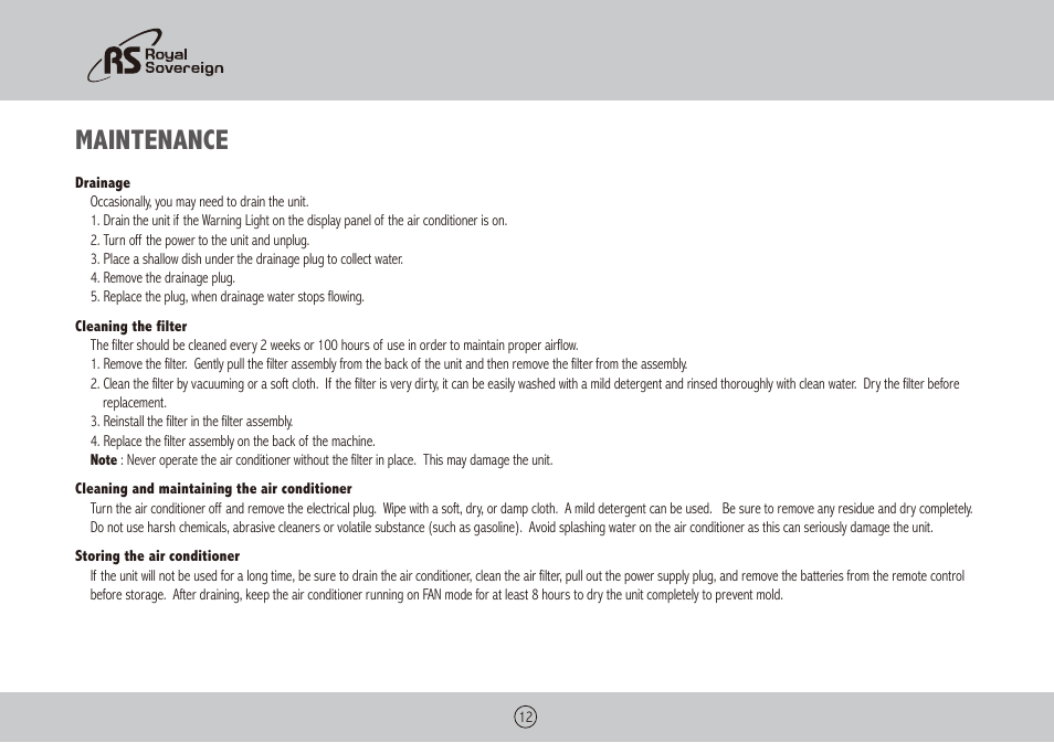 Maintenance | Royal Sovereign ARP-6012X User Manual | Page 12 / 32