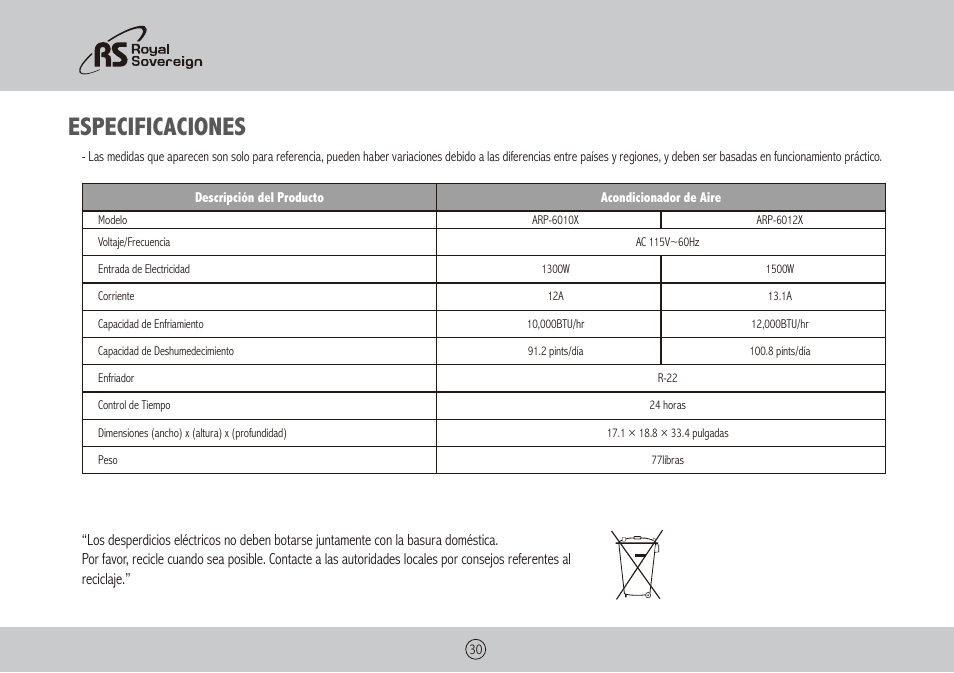 Especificaciones | Royal Sovereign ARP-6012X User Manual | Page 30 / 32