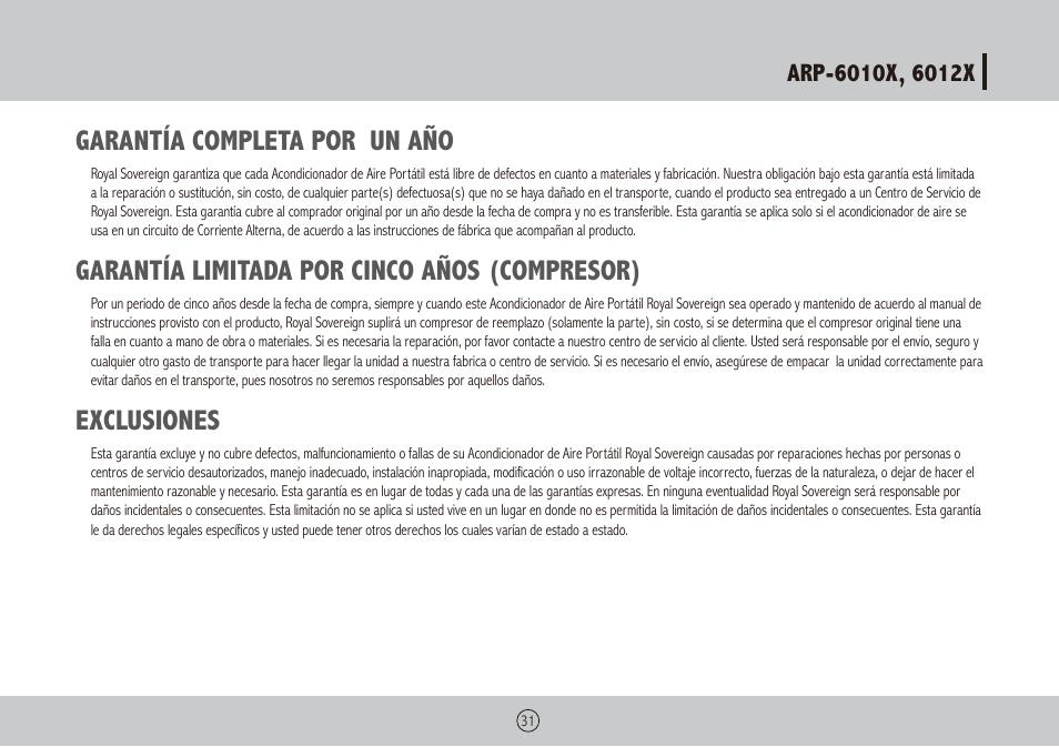Garantía completa por un año, Garantía limitada por cinco años (compresor), Exclusiones | Royal Sovereign ARP-6012X User Manual | Page 31 / 32
