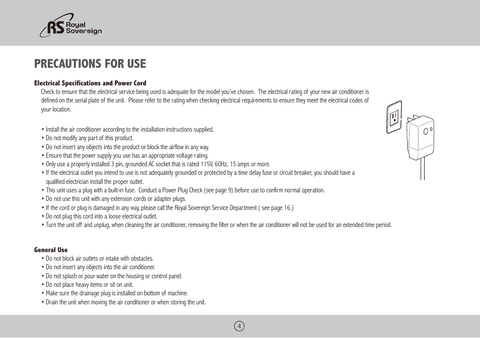 Precautions for use | Royal Sovereign ARP-6012X User Manual | Page 4 / 32