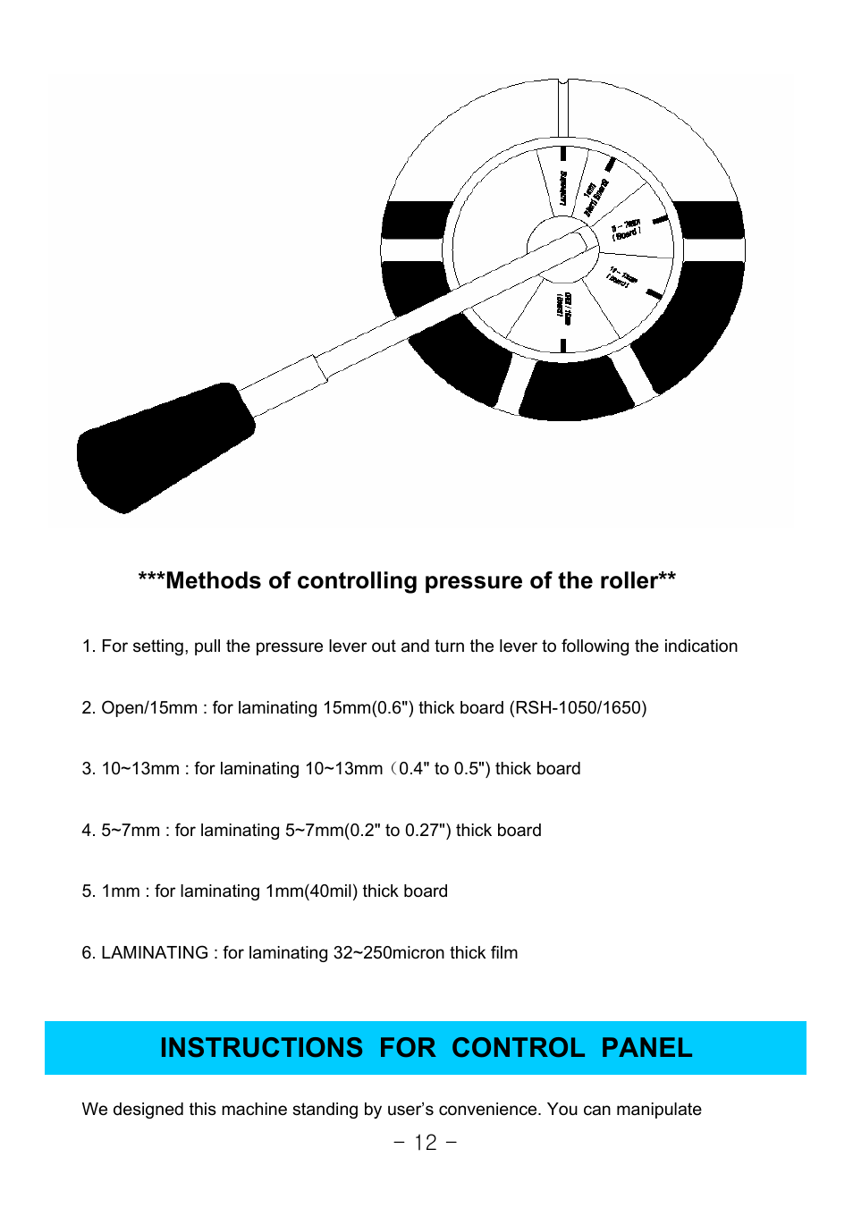 Instructions for control panel, Methods of controlling pressure of the roller | Royal Sovereign 1050 User Manual | Page 12 / 27