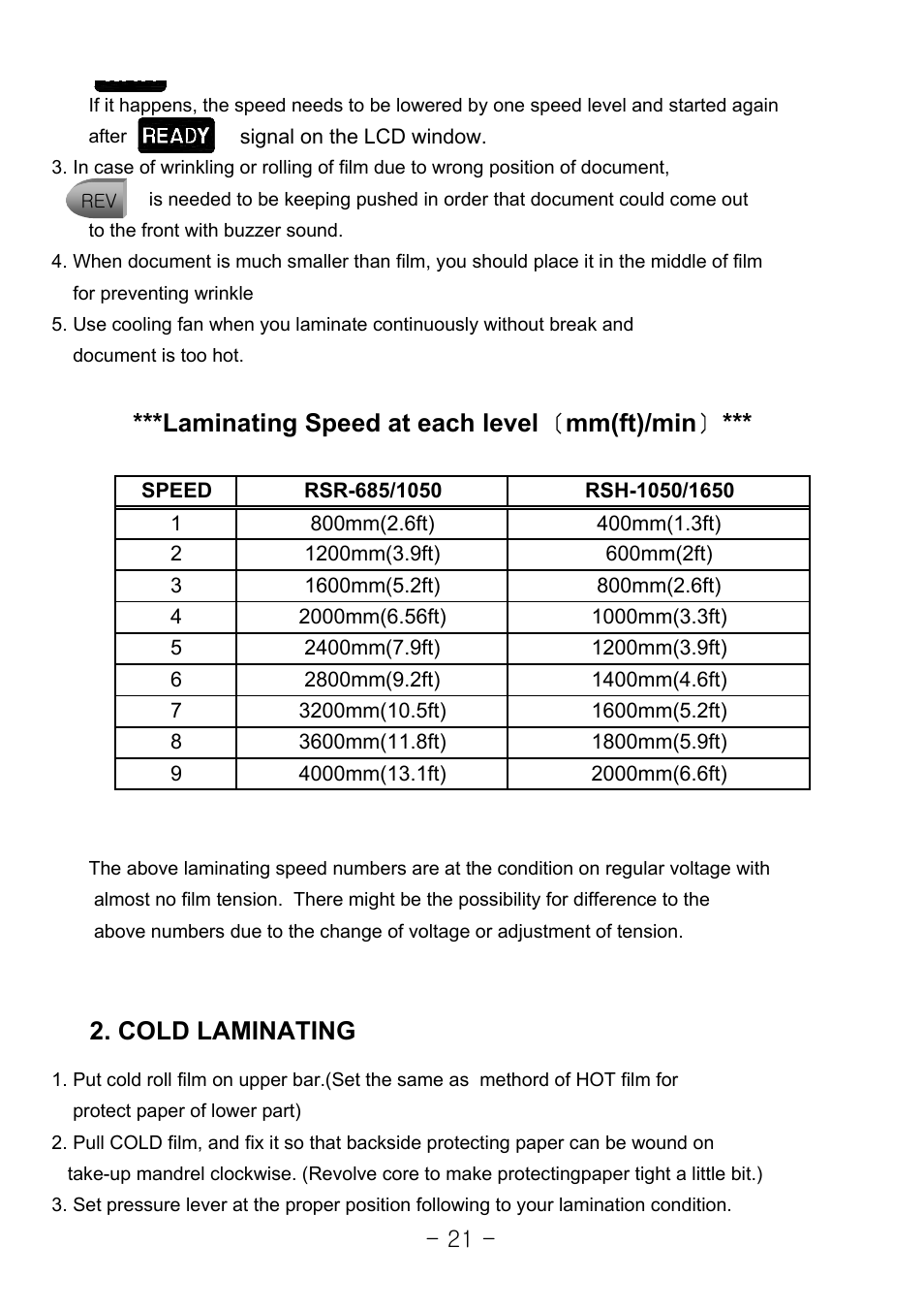 Cold laminating, Laminating speed at each level 〔 mm(ft)/min | Royal Sovereign 1050 User Manual | Page 21 / 27