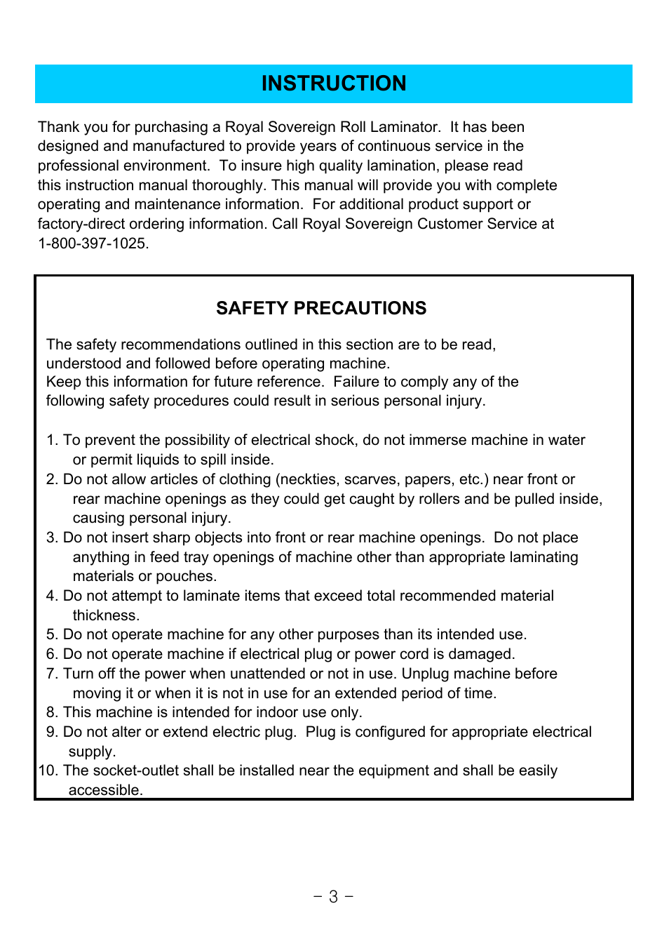 Instruction, Safety precautions | Royal Sovereign 1050 User Manual | Page 3 / 27