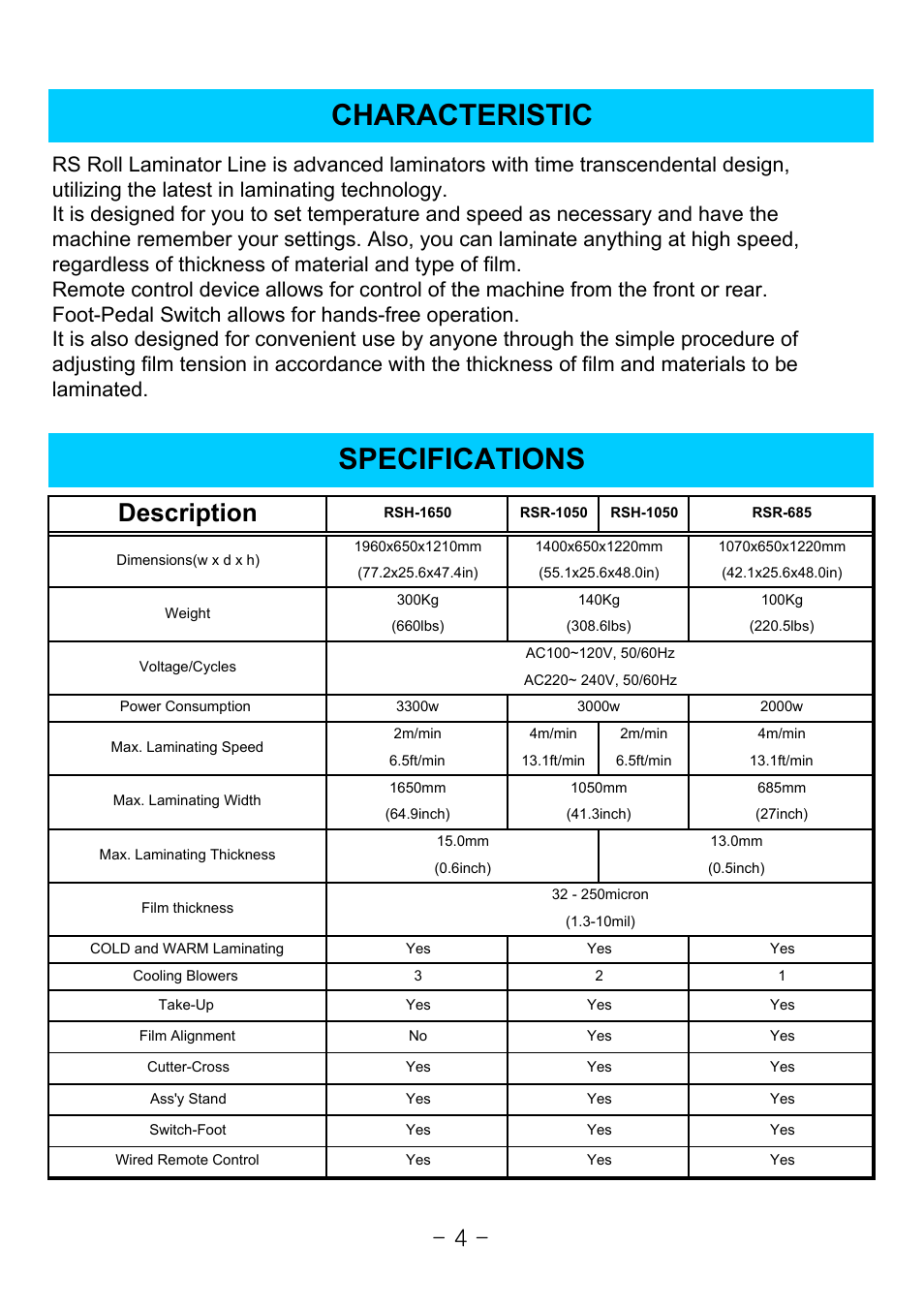 Specifications characteristic, Description | Royal Sovereign 1050 User Manual | Page 4 / 27