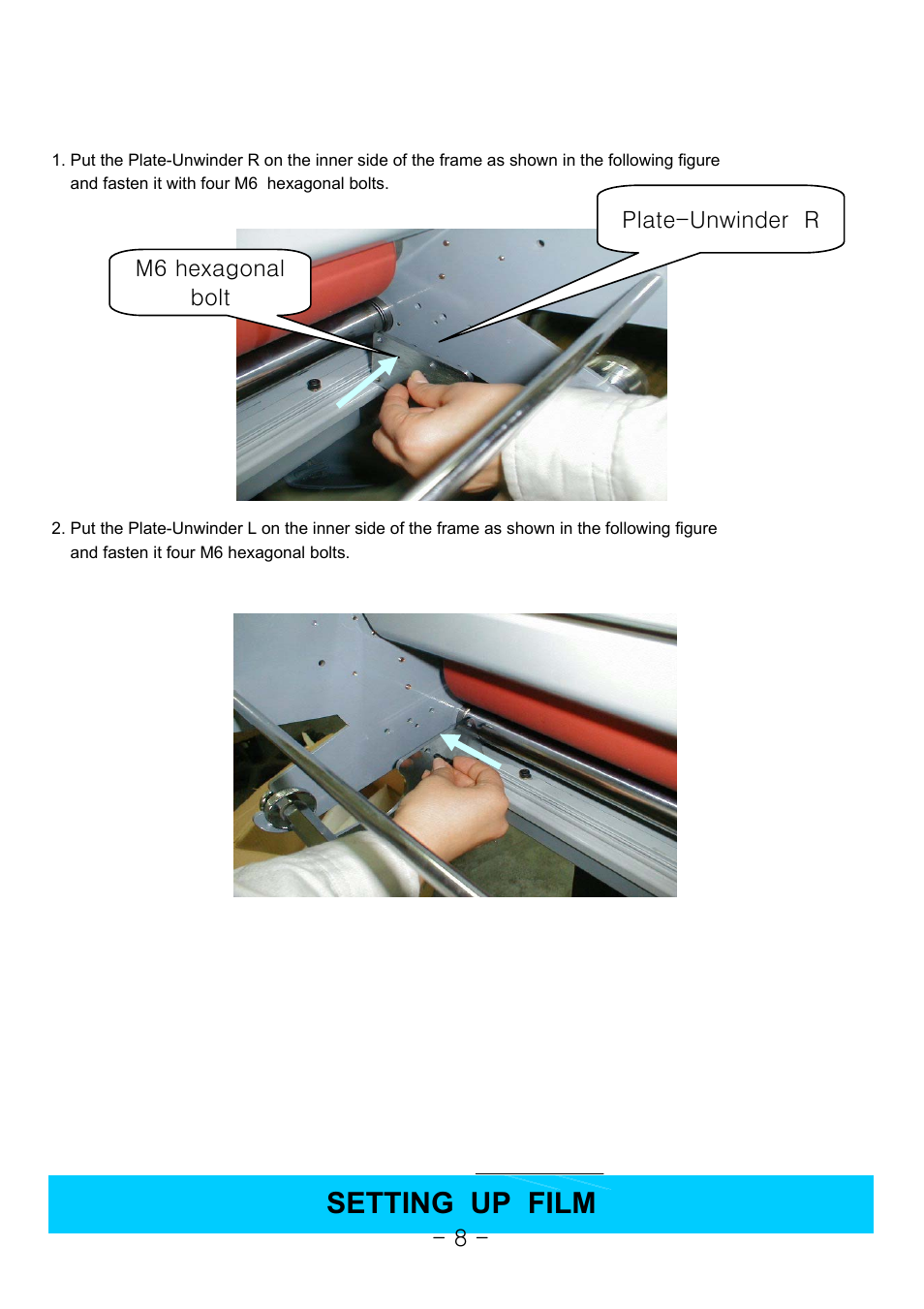 Setting up film, M6 hexagonal bolt plate-unwinder r - 8 | Royal Sovereign 1050 User Manual | Page 8 / 27