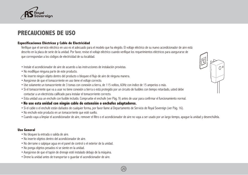Precauciones de uso | Royal Sovereign ARP-1400WW User Manual | Page 20 / 48