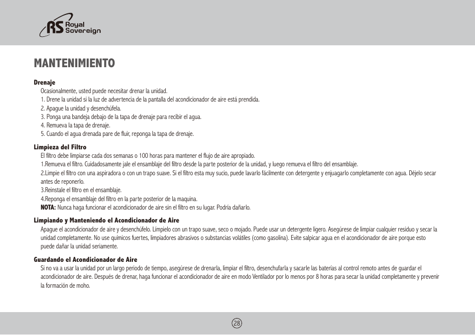 Mantenimiento | Royal Sovereign ARP-1400WW User Manual | Page 28 / 48