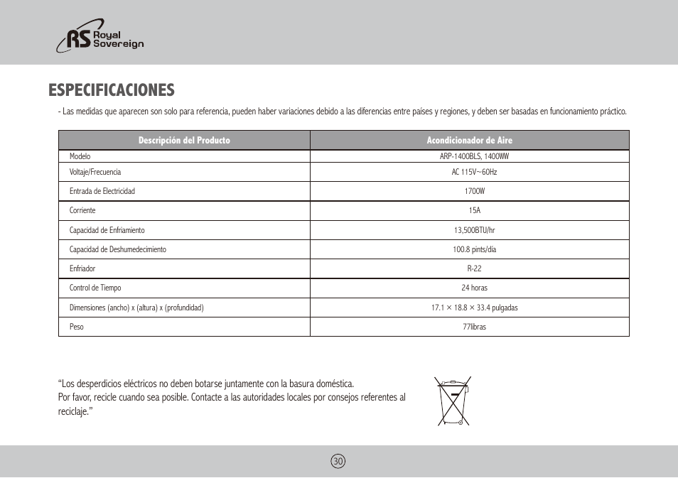 Especificaciones | Royal Sovereign ARP-1400WW User Manual | Page 30 / 48