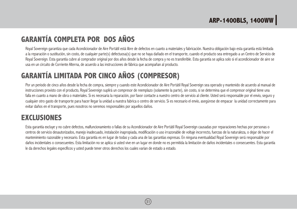 Garantía completa por dos años, Garantía limitada por cinco años (compresor), Exclusiones | Royal Sovereign ARP-1400WW User Manual | Page 31 / 48