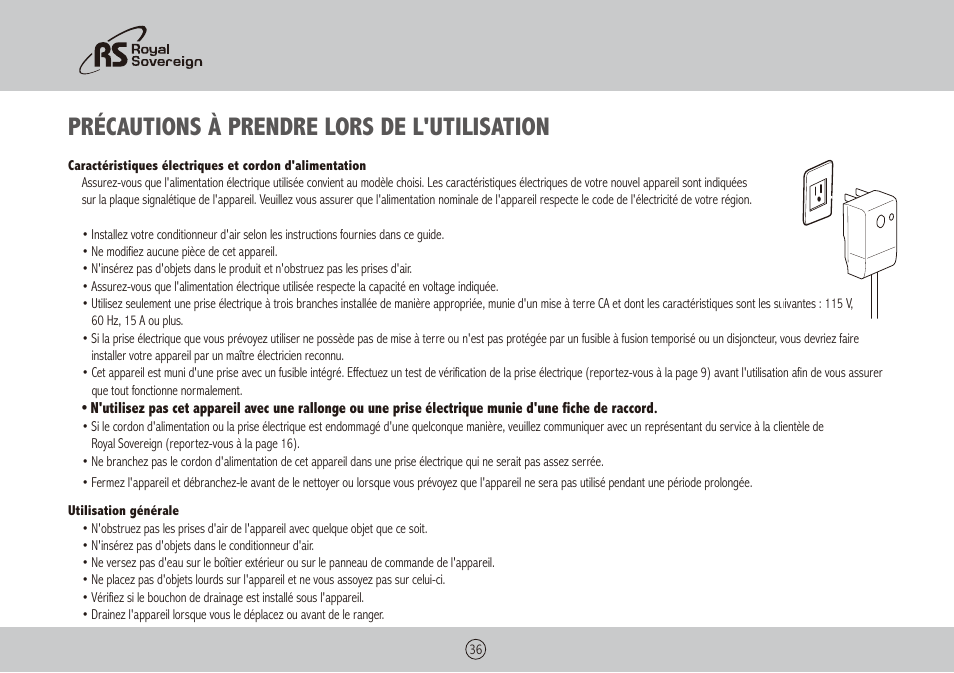 Précautions à prendre lors de l'utilisation | Royal Sovereign ARP-1400WW User Manual | Page 36 / 48