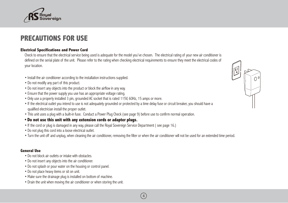 Precautions for use | Royal Sovereign ARP-1400WW User Manual | Page 4 / 48
