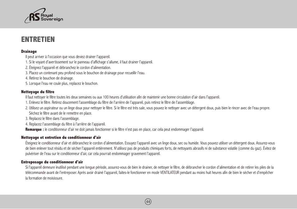 Entretien | Royal Sovereign ARP-1400WW User Manual | Page 44 / 48