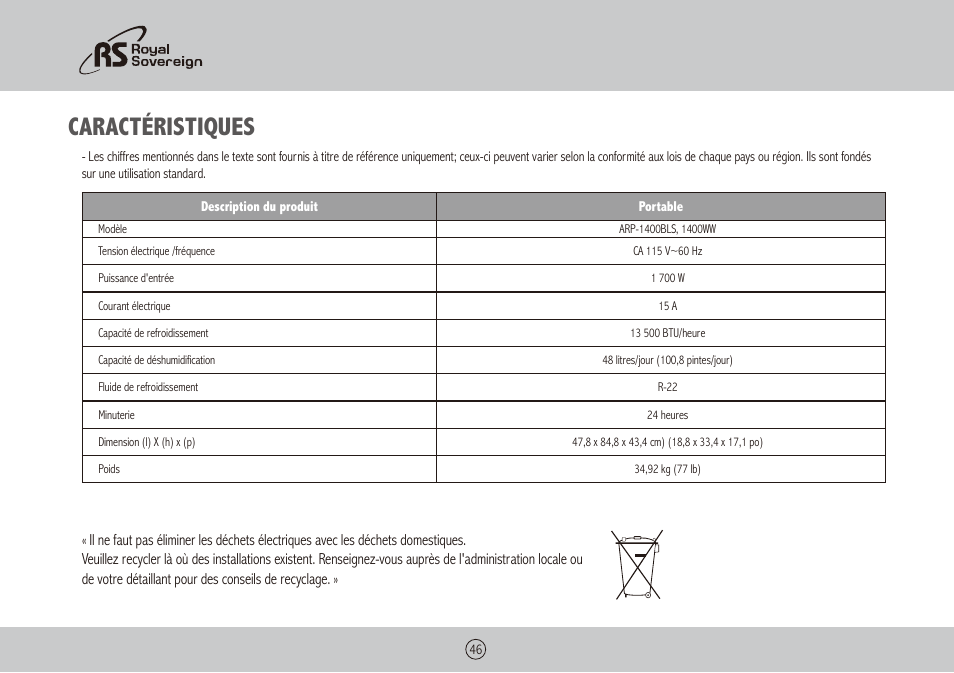Caractéristiques | Royal Sovereign ARP-1400WW User Manual | Page 46 / 48