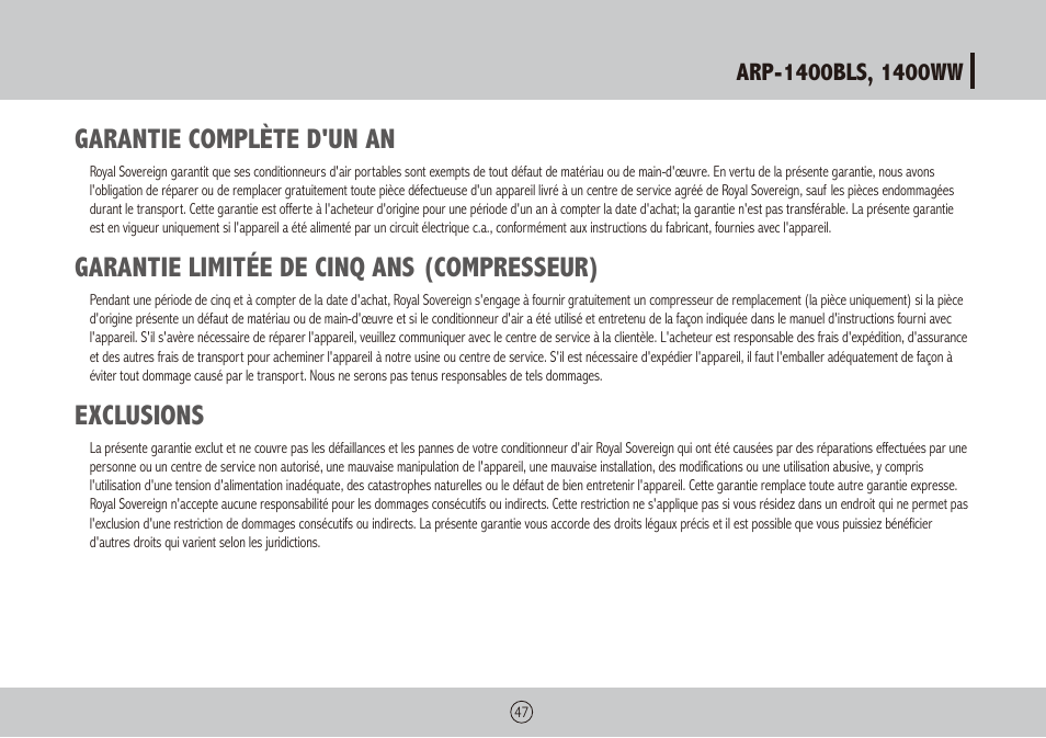 Garantie complète d'un an, Garantie limitée de cinq ans (compresseur), Exclusions | Royal Sovereign ARP-1400WW User Manual | Page 47 / 48
