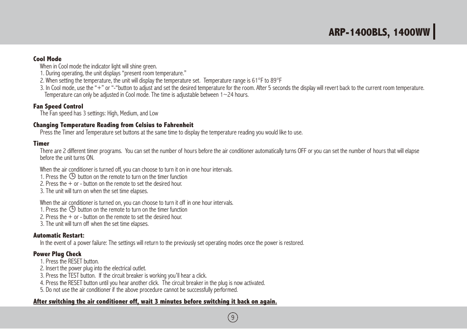 Royal Sovereign ARP-1400WW User Manual | Page 9 / 48
