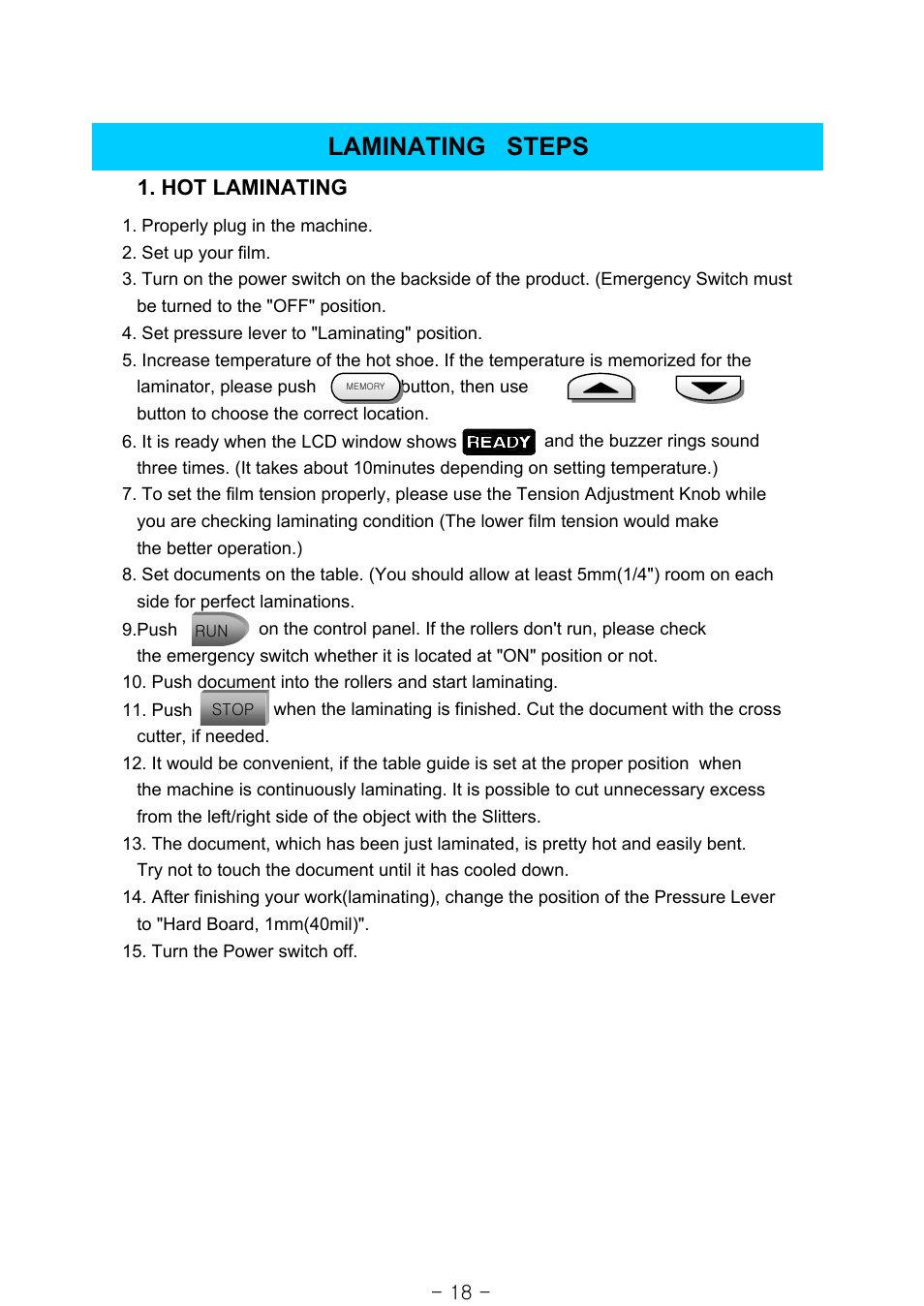 Laminating steps, Hot laminating | Royal Sovereign RSS-1050 User Manual | Page 18 / 27