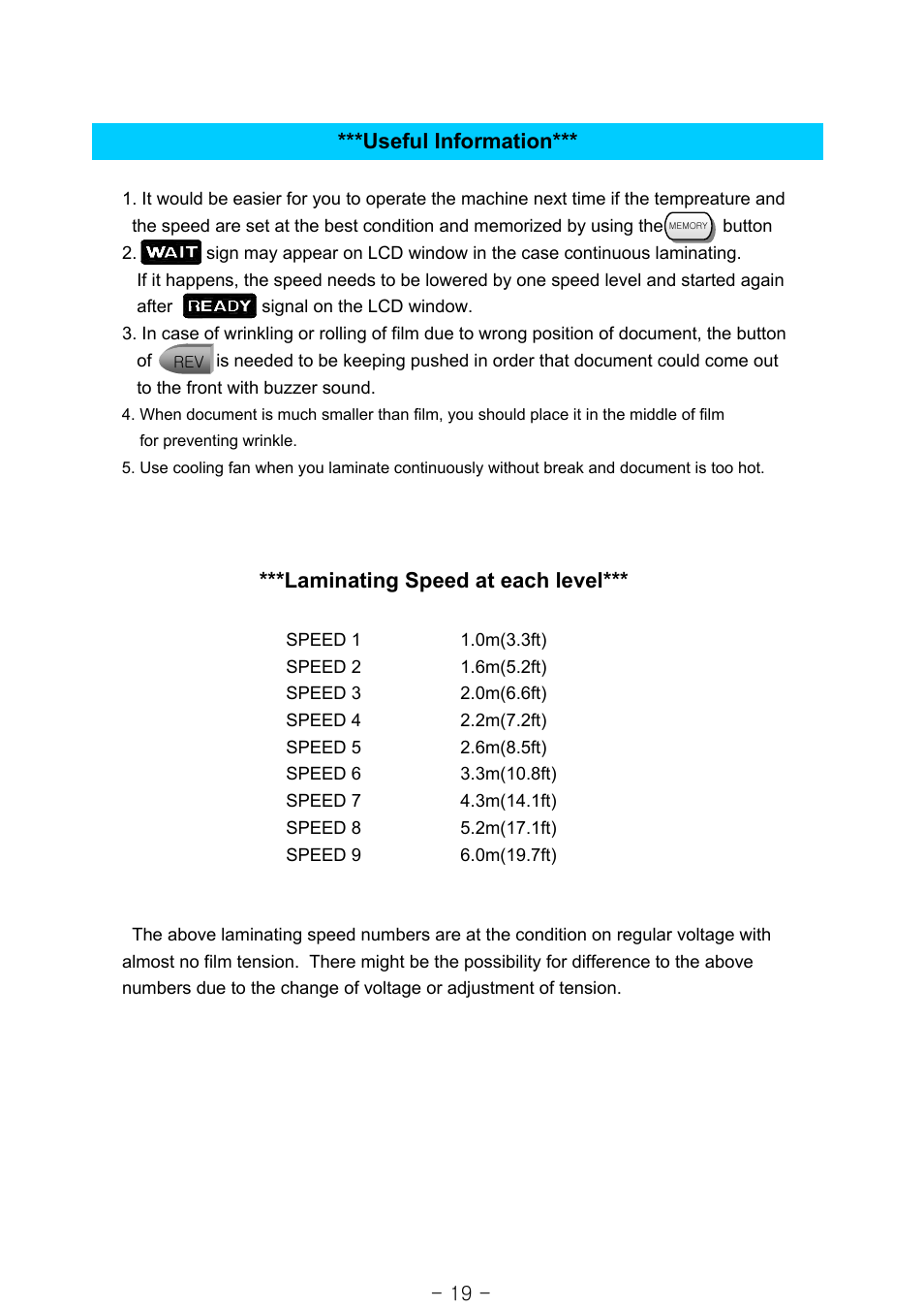 Laminating speed at each level, Useful information | Royal Sovereign RSS-1050 User Manual | Page 19 / 27