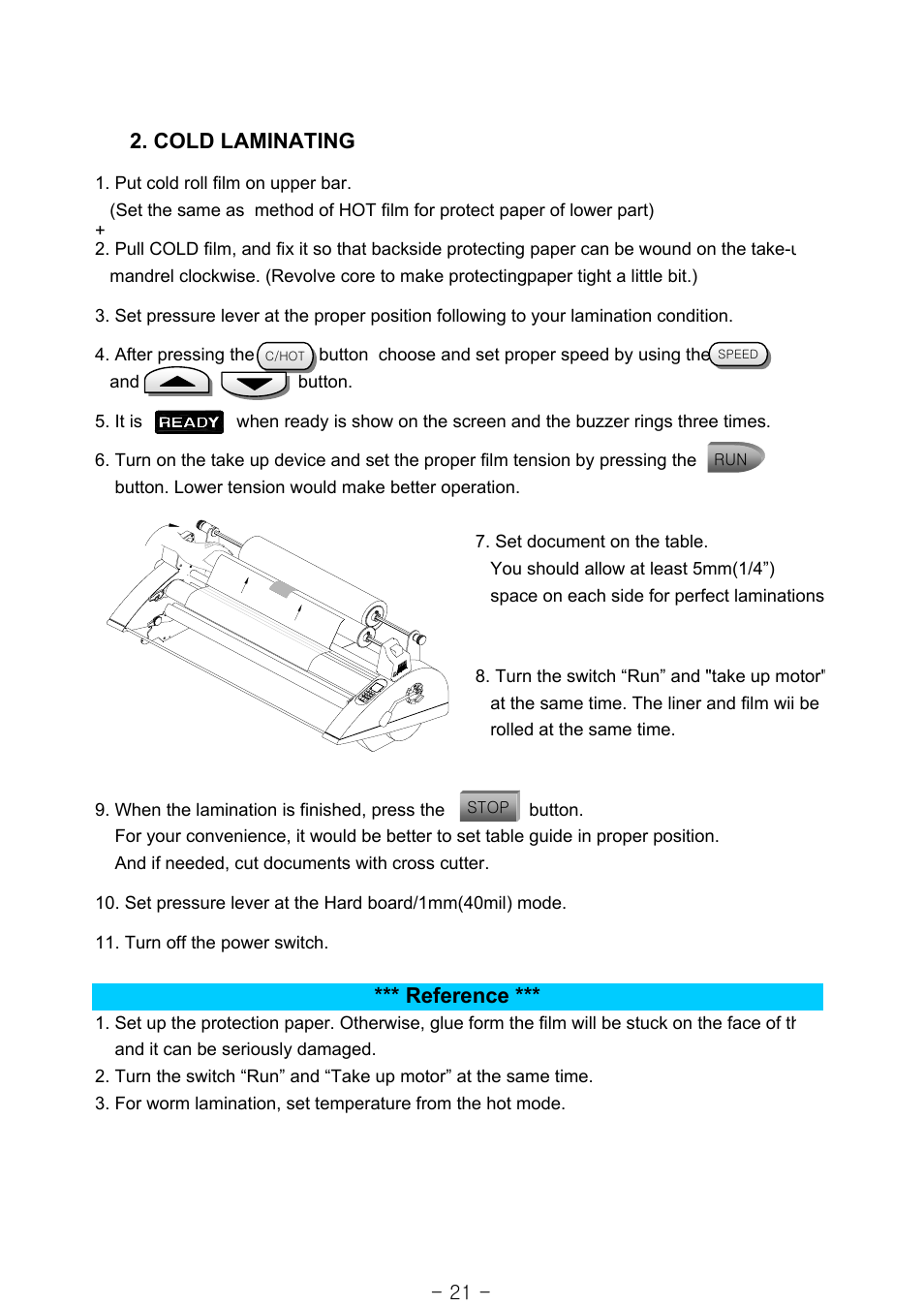 Cold laminating, Reference | Royal Sovereign RSS-1050 User Manual | Page 21 / 27
