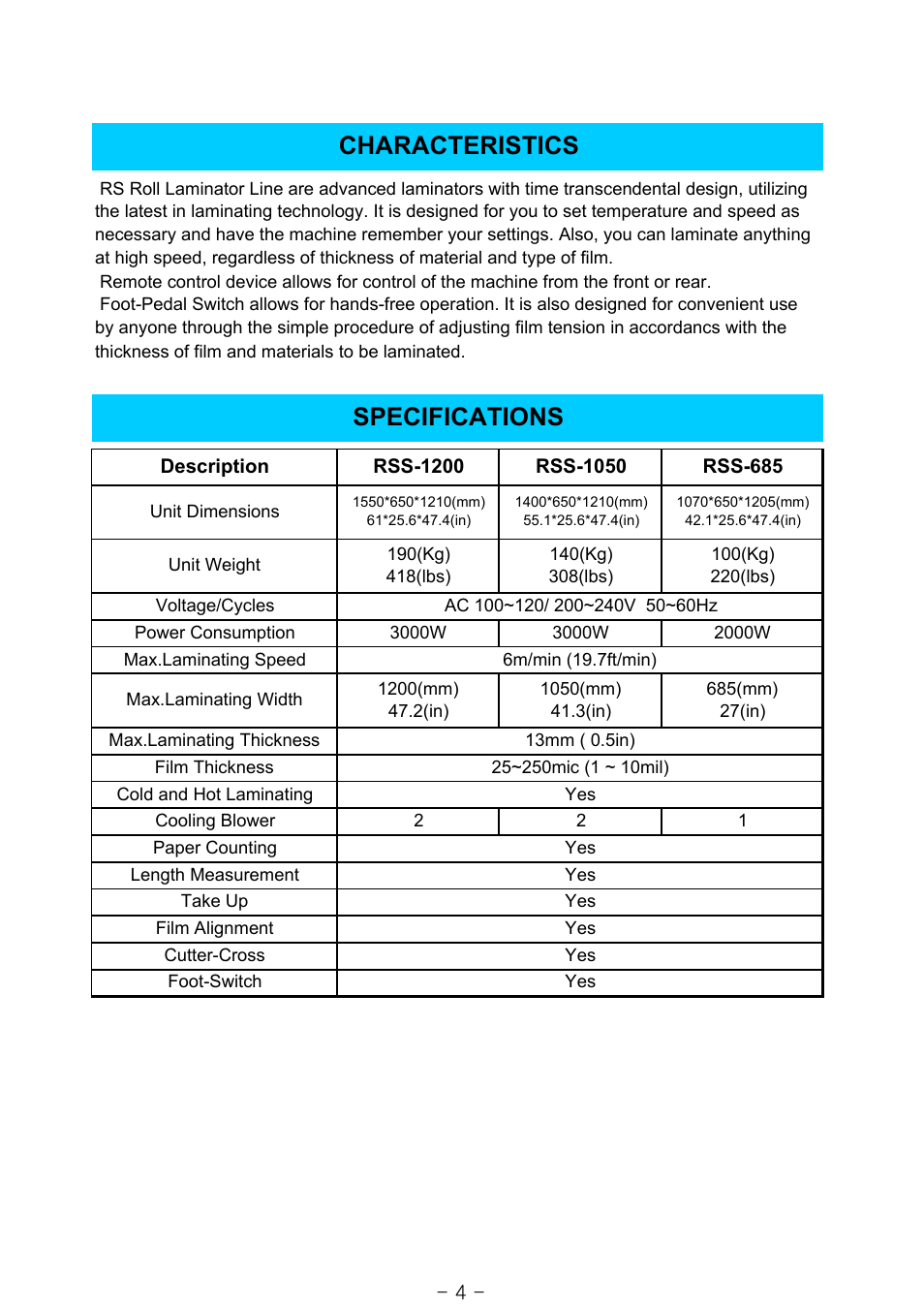 Characteristics, Specifications | Royal Sovereign RSS-1050 User Manual | Page 4 / 27