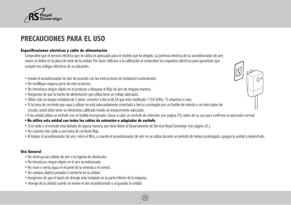 Precauciones para el uso | Royal Sovereign ARP-9411 User Manual | Page 20 / 32