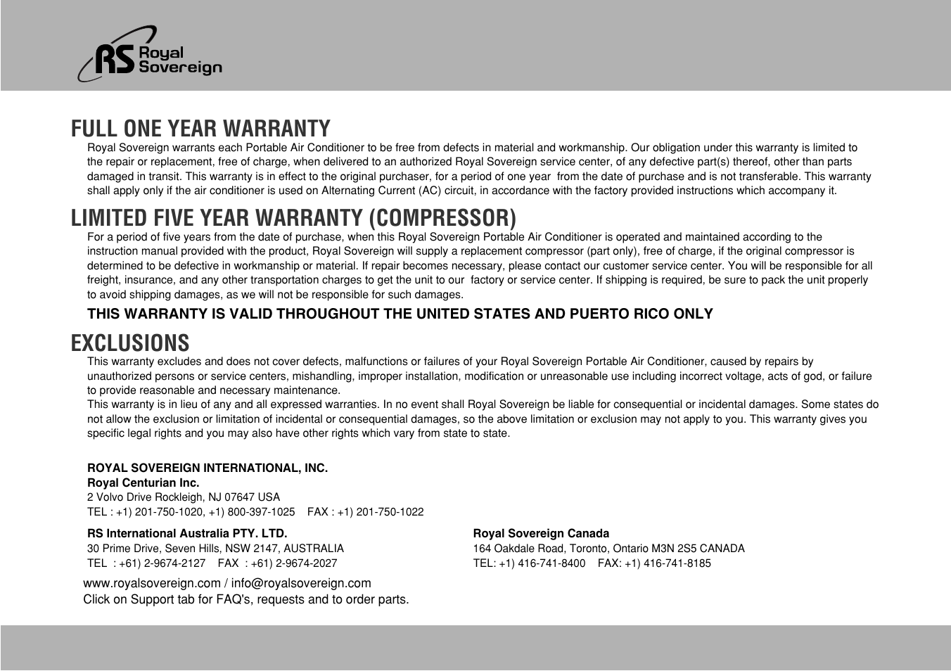 Full one year warranty, Limited five year warranty (compressor), Exclusions | Royal Sovereign ARP-1000ES User Manual | Page 12 / 24