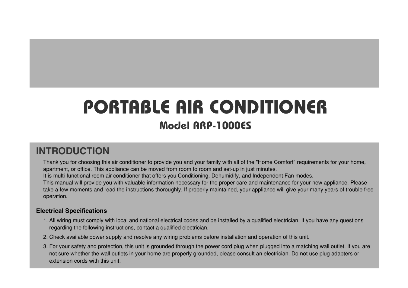 Portable air conditioner, Model arp-1000es, Introduction | Royal Sovereign ARP-1000ES User Manual | Page 2 / 24