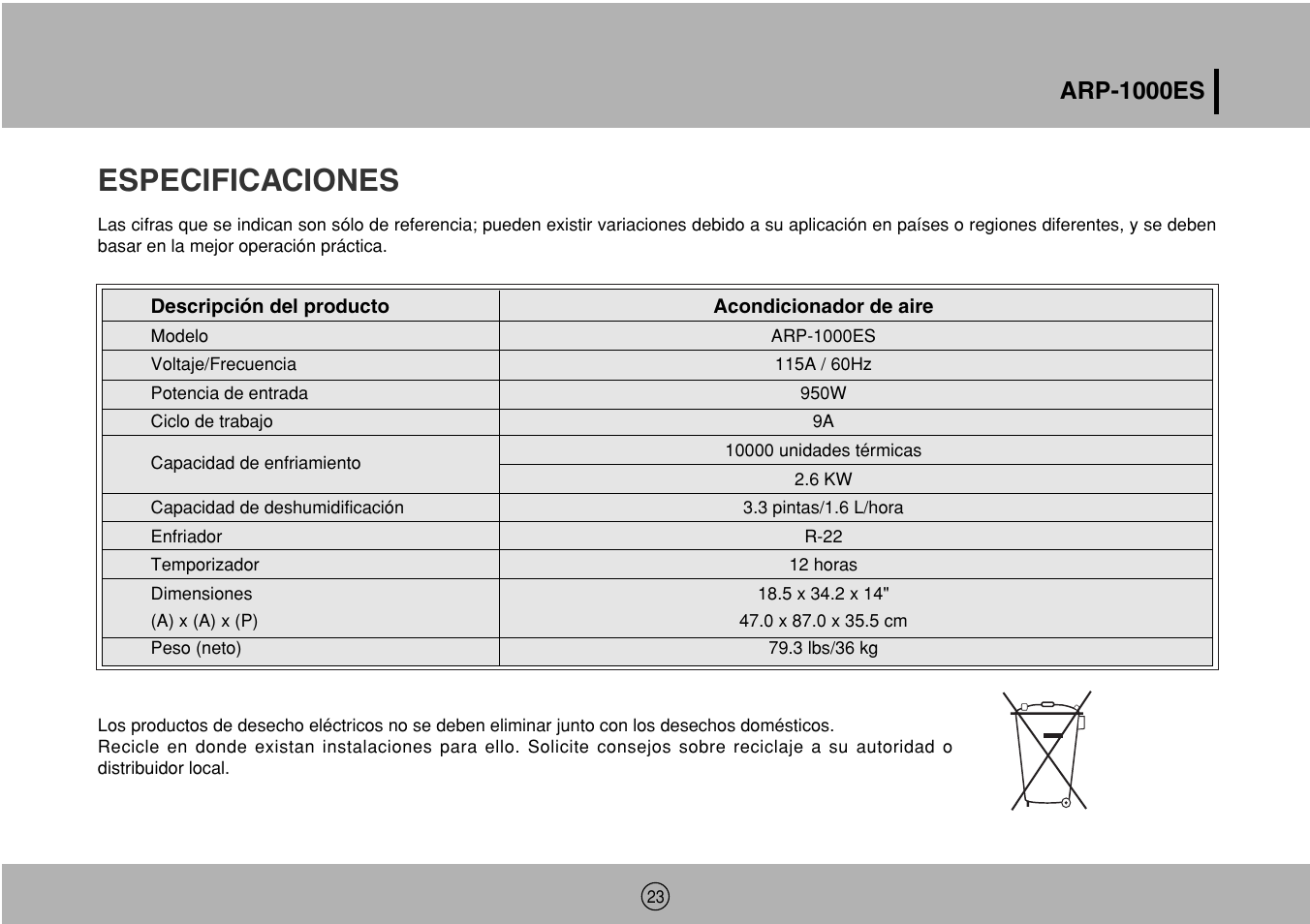 Especificaciones, Arp-1000es | Royal Sovereign ARP-1000ES User Manual | Page 23 / 24