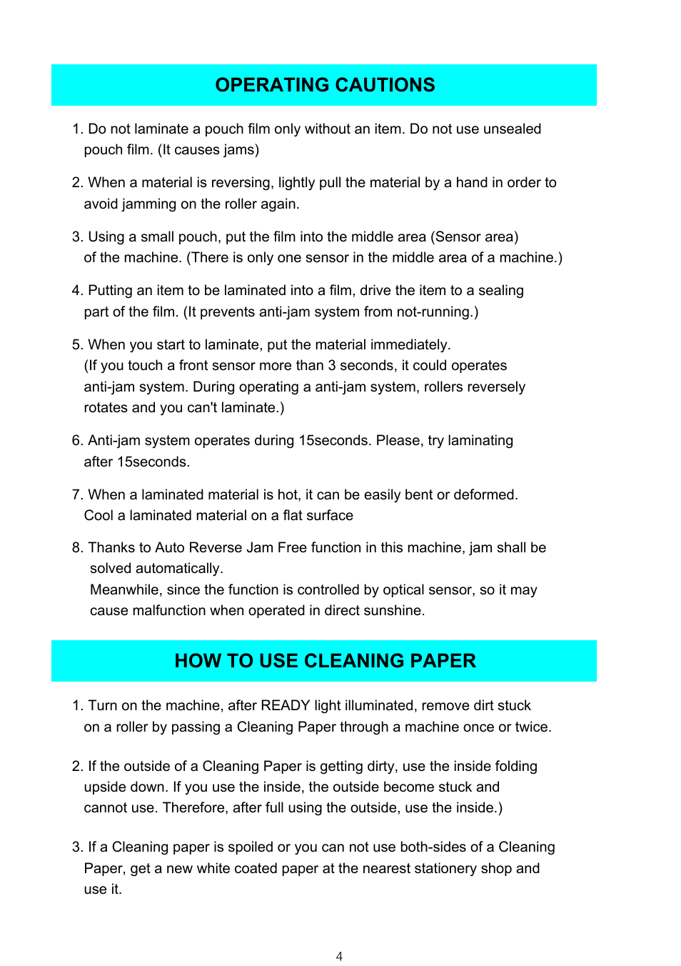 Operating cautions how to use cleaning paper | Royal Sovereign PL - 922 User Manual | Page 4 / 6