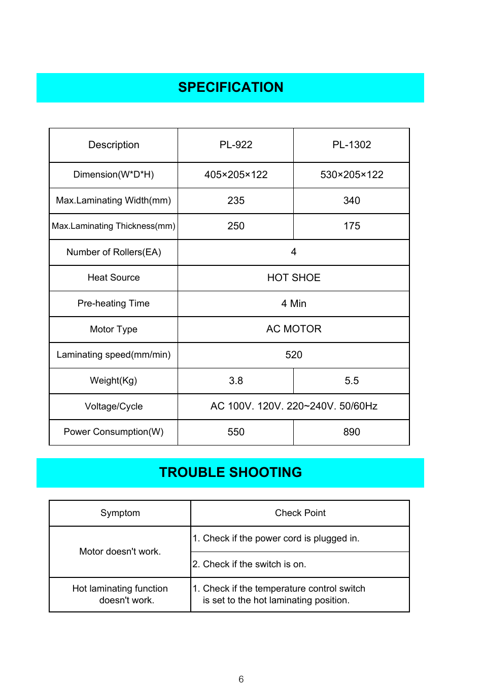 Trouble shooting, Specification | Royal Sovereign PL - 922 User Manual | Page 6 / 6