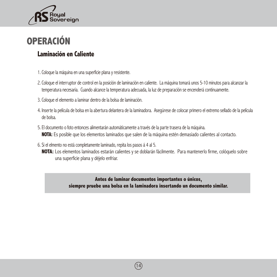 Operación, Laminación en caliente | Royal Sovereign CS-900 User Manual | Page 14 / 24