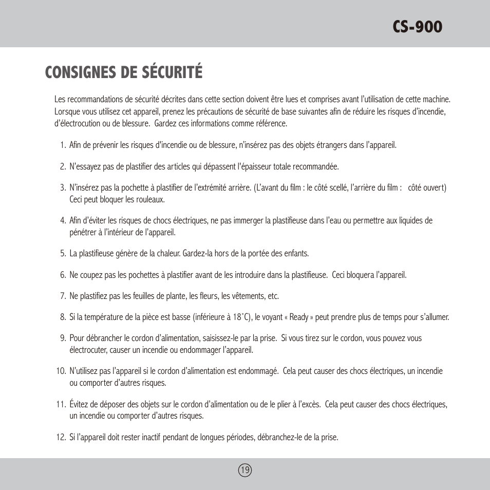 Cs-900, Consignes de sécurité | Royal Sovereign CS-900 User Manual | Page 19 / 24