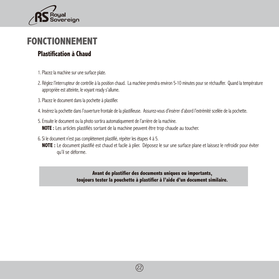 Fonctionnement, Plastification à chaud | Royal Sovereign CS-900 User Manual | Page 22 / 24