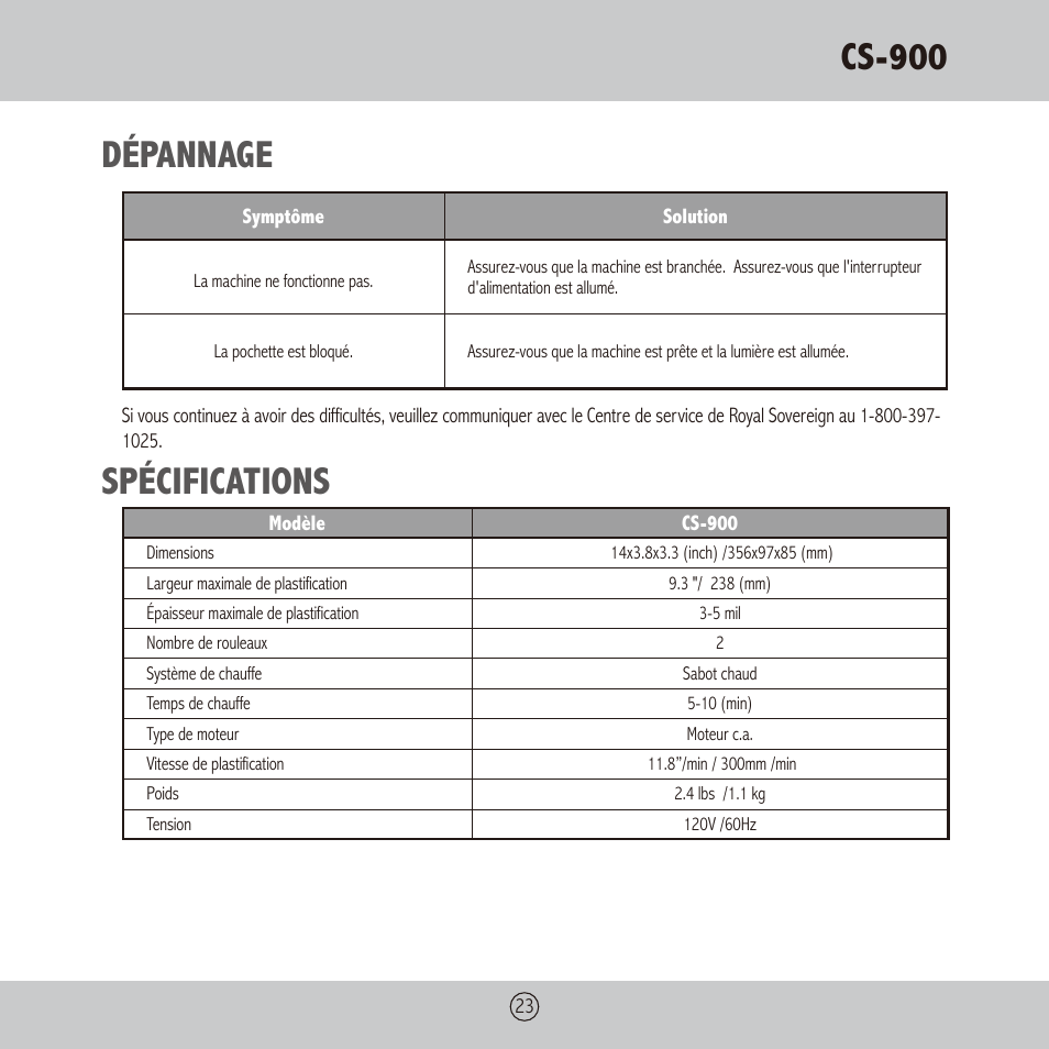 Cs-900, Dépannage, Spécifications | Royal Sovereign CS-900 User Manual | Page 23 / 24