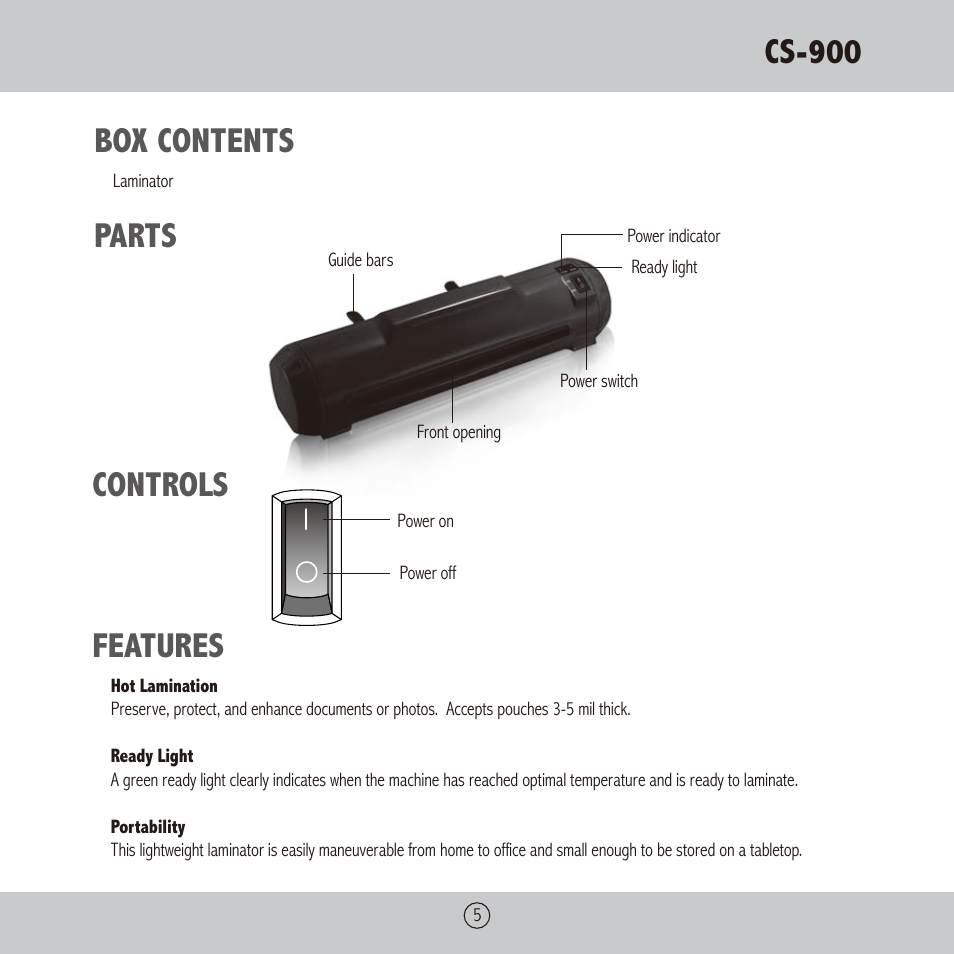 Cs-900, Box contents, Parts controls features | Royal Sovereign CS-900 User Manual | Page 5 / 24