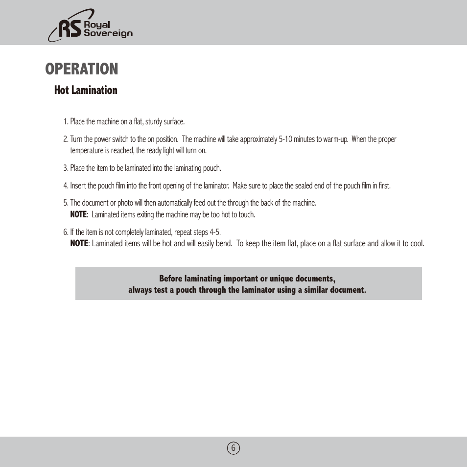 Operation, Hot lamination | Royal Sovereign CS-900 User Manual | Page 6 / 24