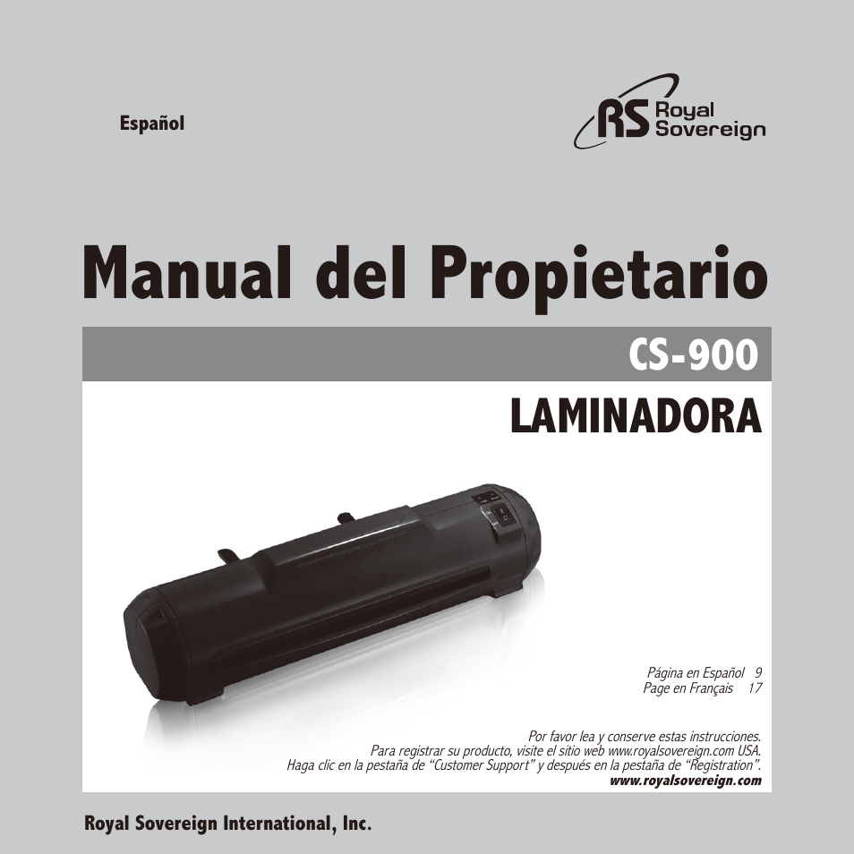 Manual del propietario, Laminadora, Cs-900 | Royal Sovereign CS-900 User Manual | Page 9 / 24