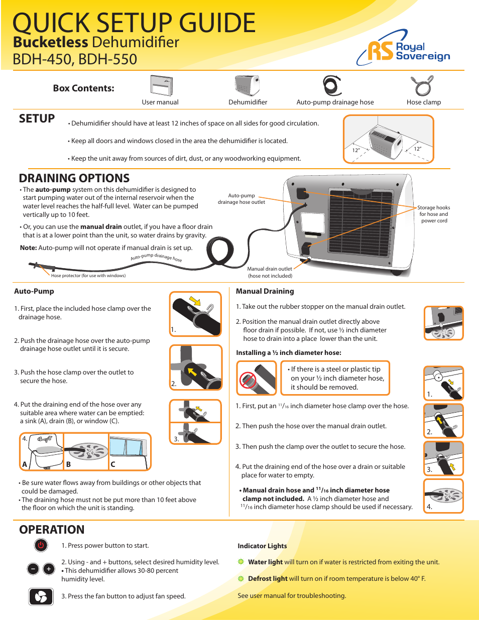 Royal Sovereign BUCKETLESS DEHUMIDIFIER BDH-450 User Manual | 1 page