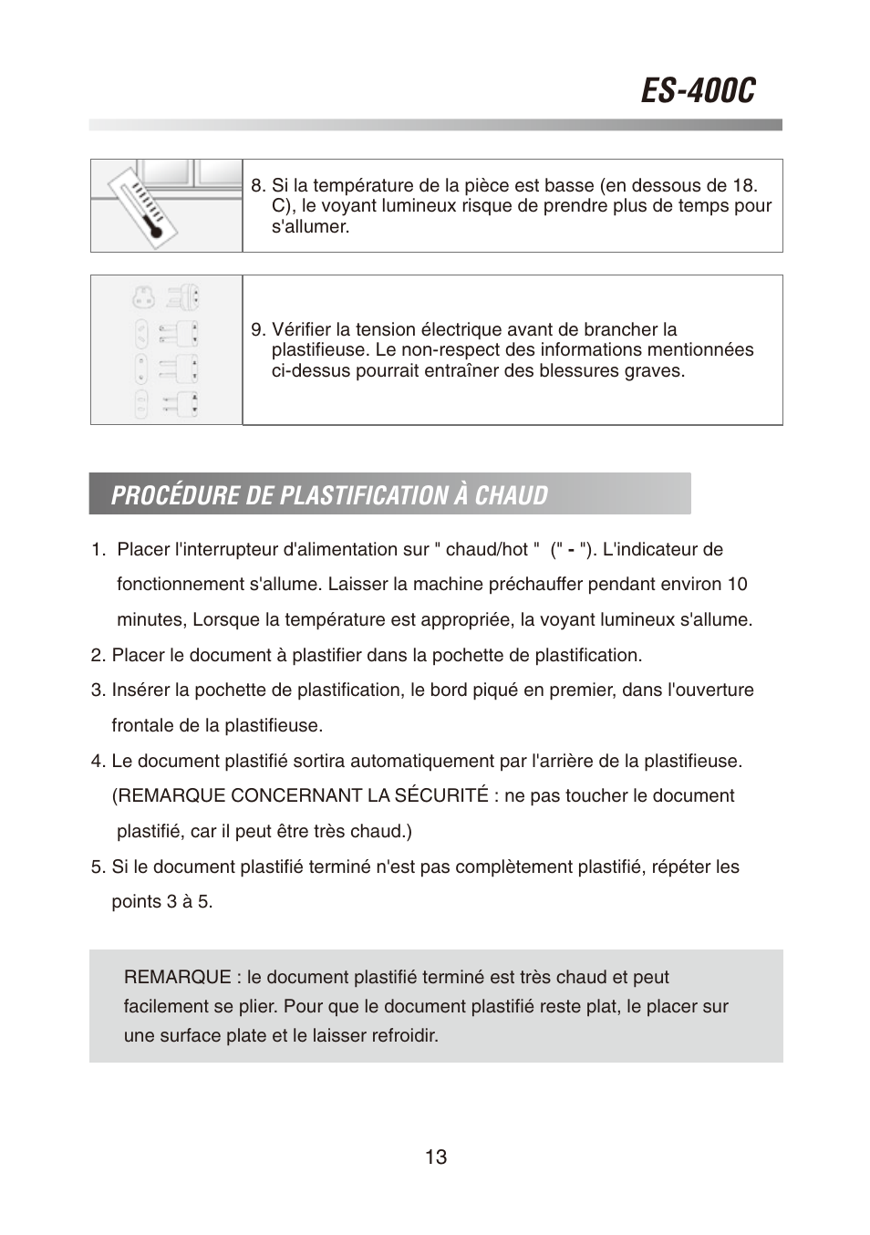 Es-400c, Procédure de plastification à chaud | Royal Sovereign ES-400C User Manual | Page 13 / 32