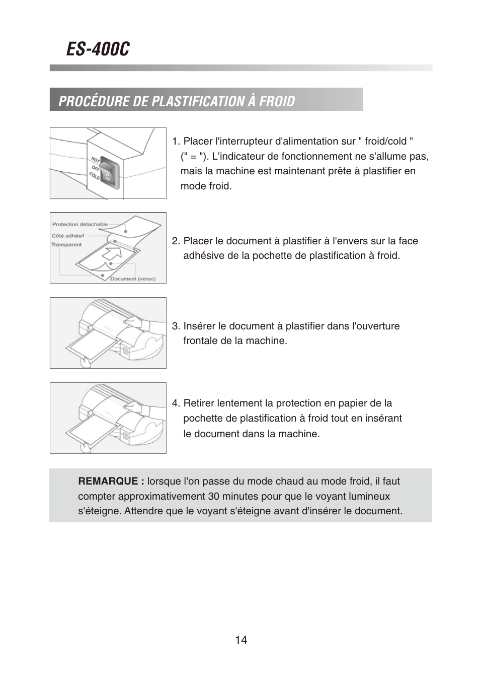 Es-400c, Procédure de plastification à froid | Royal Sovereign ES-400C User Manual | Page 14 / 32